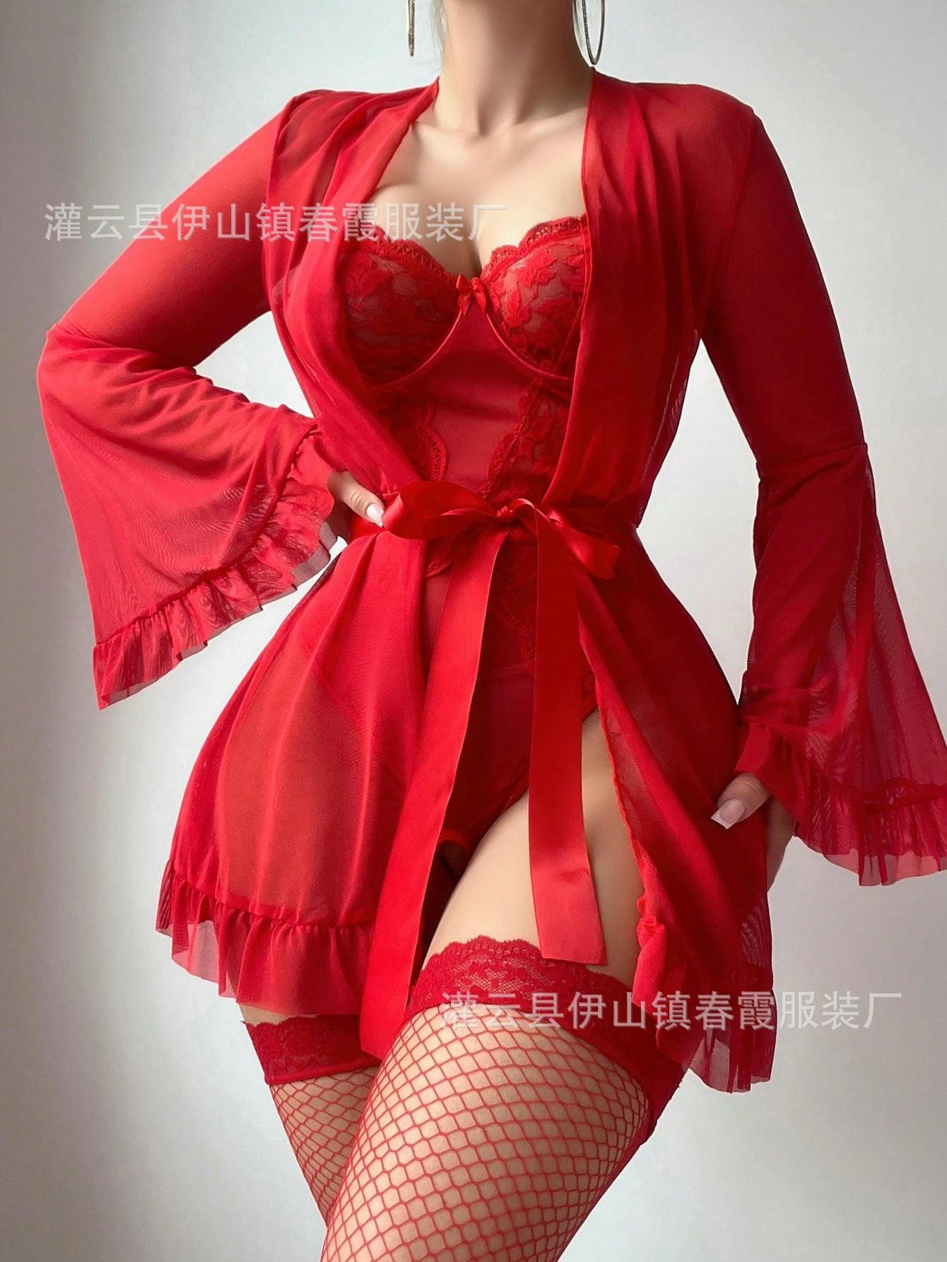 Сексуальная сексуальная ночная рубашка пижама женская ночная рубашка кружевная сетчатая накидка комплект из двух предметов S