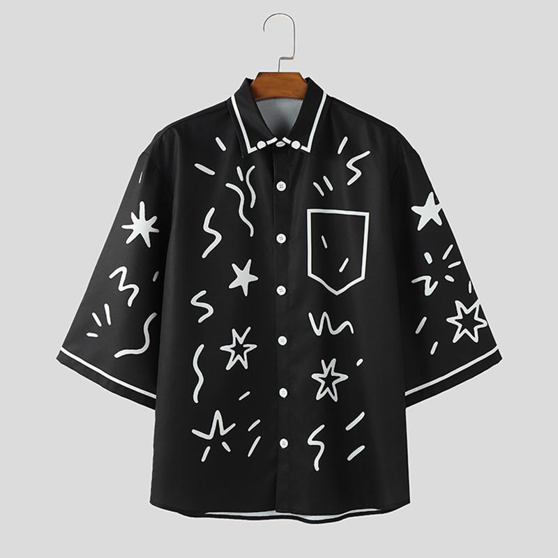 

INCERUN Мужские рубашки оверсайз с лацканами, рукавами 3/4, цветочным принтом и пуговицами, повседневные, свободного кроя 3XL чёрный