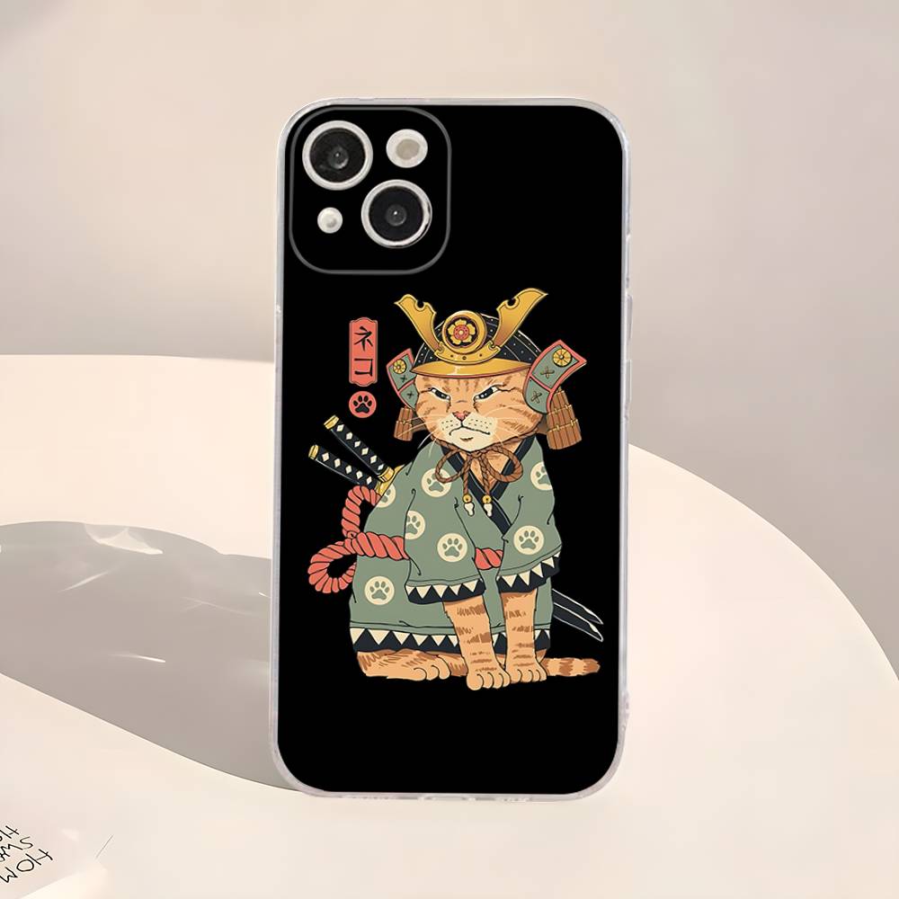 Japanese Samurai Cat Ramen Transparent Phone Case For IPhone 16 15 14 13 12 11 Pro Max Plus Soft Cover