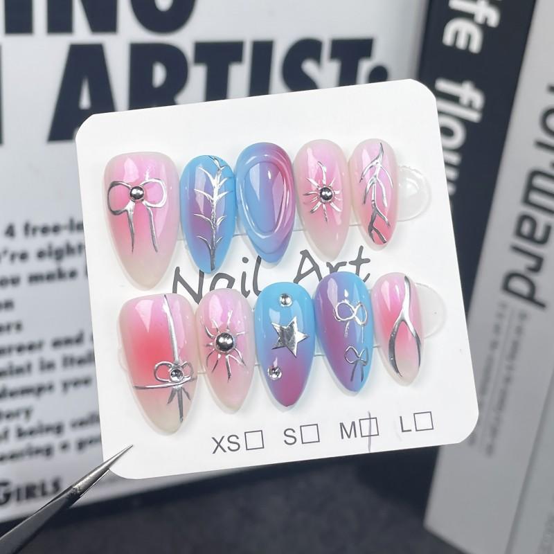 Press-On Nails With Hand-Painted Butterfly Knot Design Gradient Color Almond Shape Thin Invisible Edge Wear