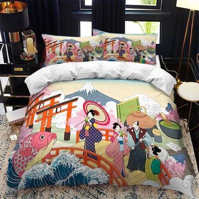 Juego de funda nórdica de estilo japonés tamaño King Queen tamaño completo ukiyo-e diseño de onda juego de cama de poliéster estilo exótico de montaña Fuji