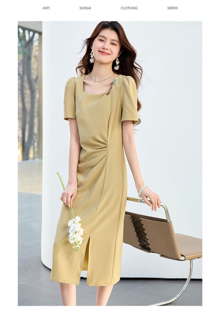 26 Year New Summer Pleated Waist Slimming and Slimming Mid Length Skirt Versatile and Elegant Slit Short Sleeved Skirt Dress