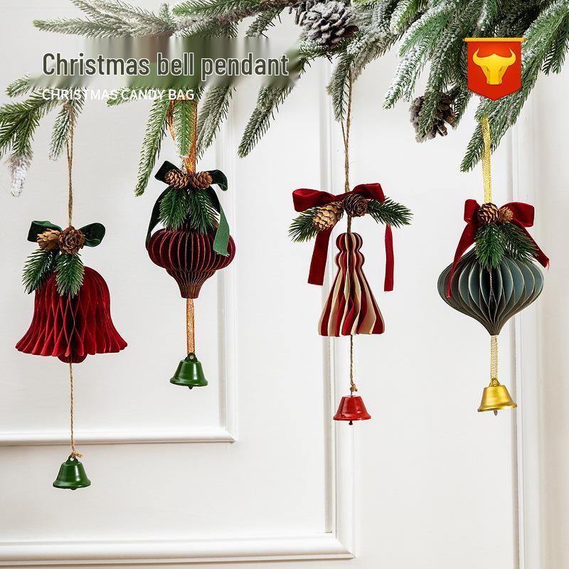 Christmas Red Velvet Bow Bell Pendant Tree Decoration