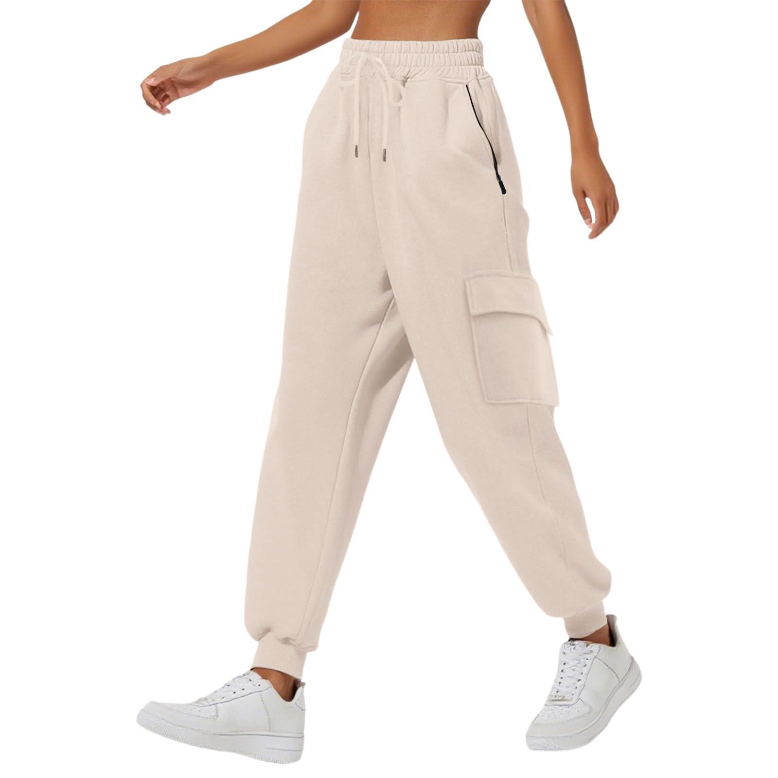 

Women s Fashionable Solid Color Drawstring Elastic Waist Pocket Sports And Casual Loose Sweatpants L бежевий