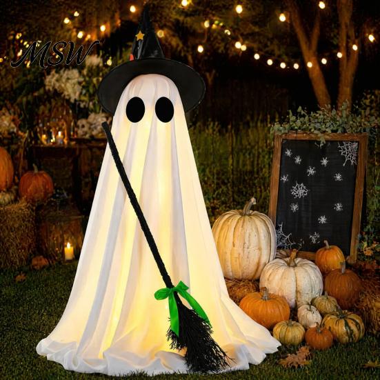 Halloween Ghost Ornament Light-Up Decoration, Spooky Witch Hat with LED Festive Prop Light, Broom Decor for Outdoor Lawn Porch Holiday Party