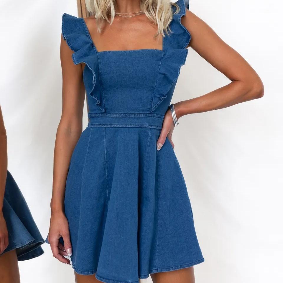 

IHUASU Женское летнее модное повседневное джинсовое платье с рукавами-крылышками и открытой спиной XL темно-синий