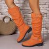 Plus Size Women's Knee High Boots Retro Belt Buckle Thick Heel Pleated Suede Shoes Autumn Winter Woman High Boots Comfortable Soft Sole Non Slip Desig