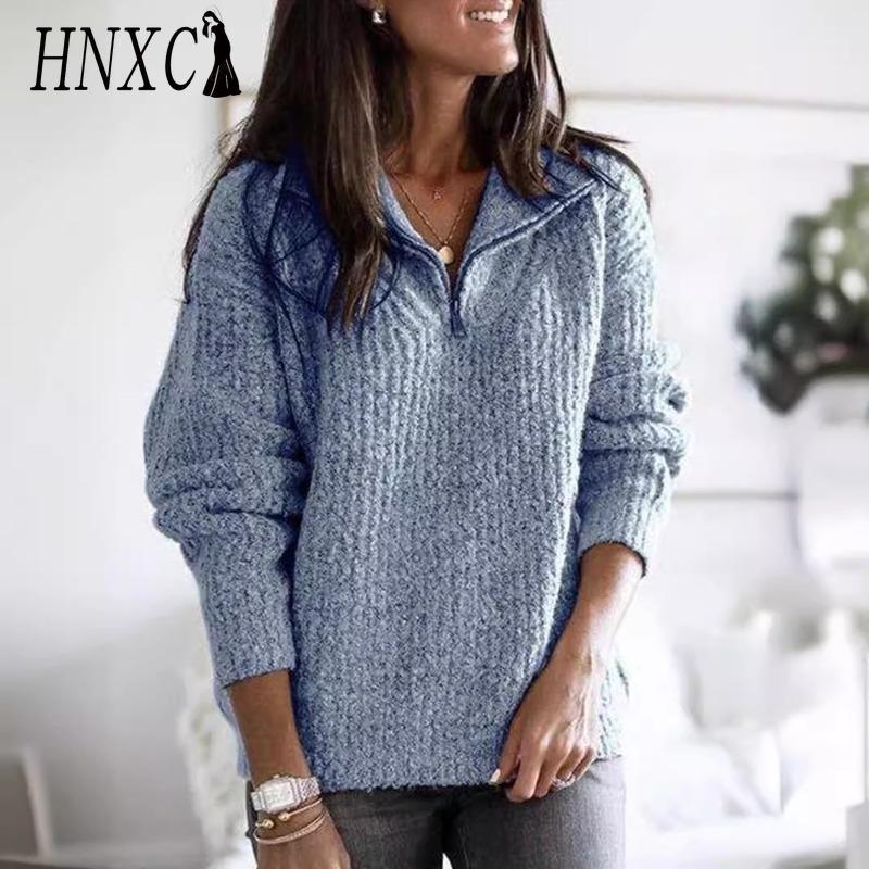 HNXC Women's Fashion Casual Solid Color Print Autumn Winter Long Sleeve Zip Collar Loose Sweaters