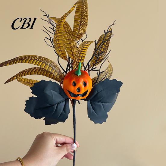 Autumn Harvest Bouquet Halloween Flowers Decorations, Black Artificial with Pumpkin Rose Eucalyptus Maple Leaf And Orange Floral Stems, Indoor