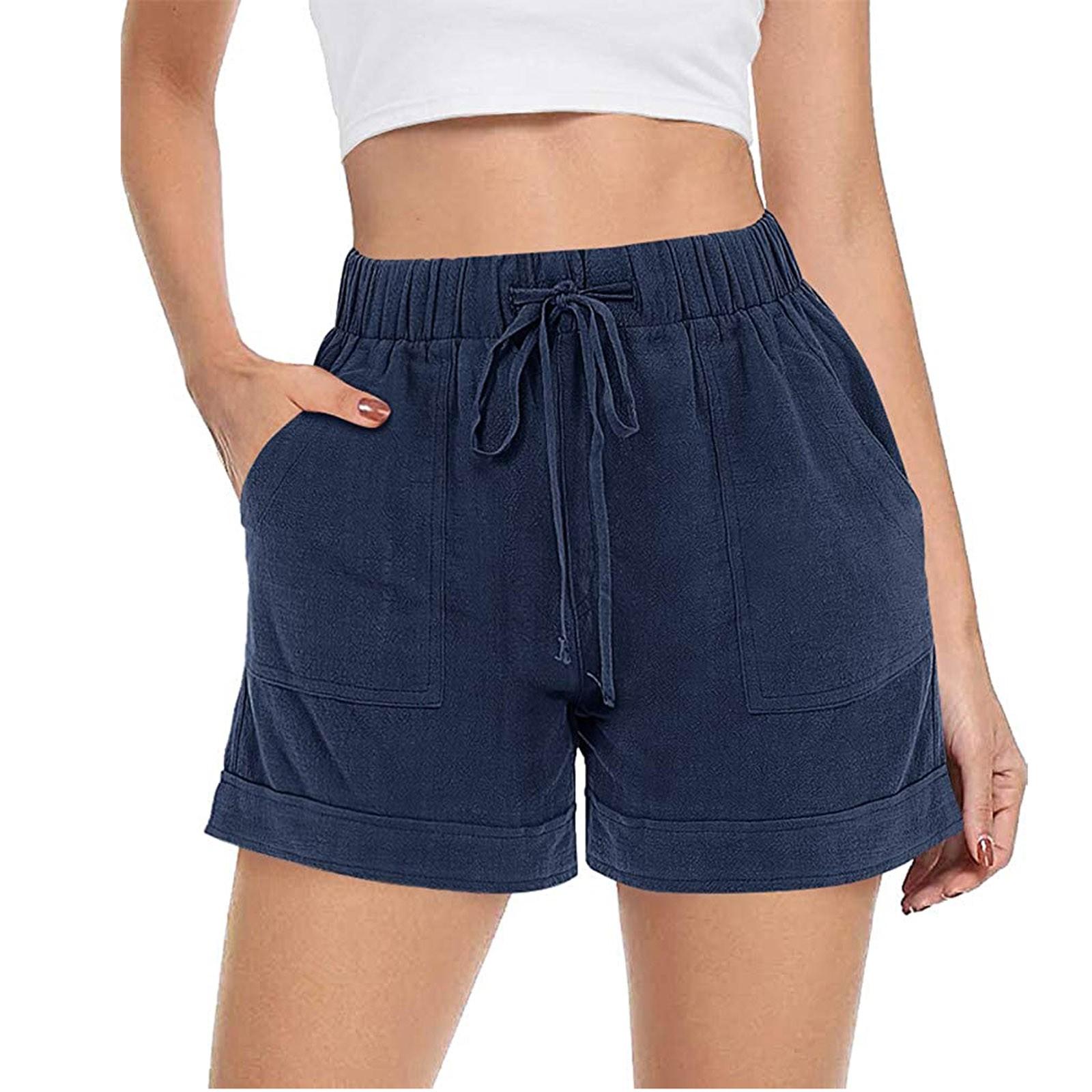 

Женские однотонные шорты с уздечкой и карманами для свободного времени, шорты с эластичной резинкой на талии, брюки S/M/L/XL/XXL тёмно-синий