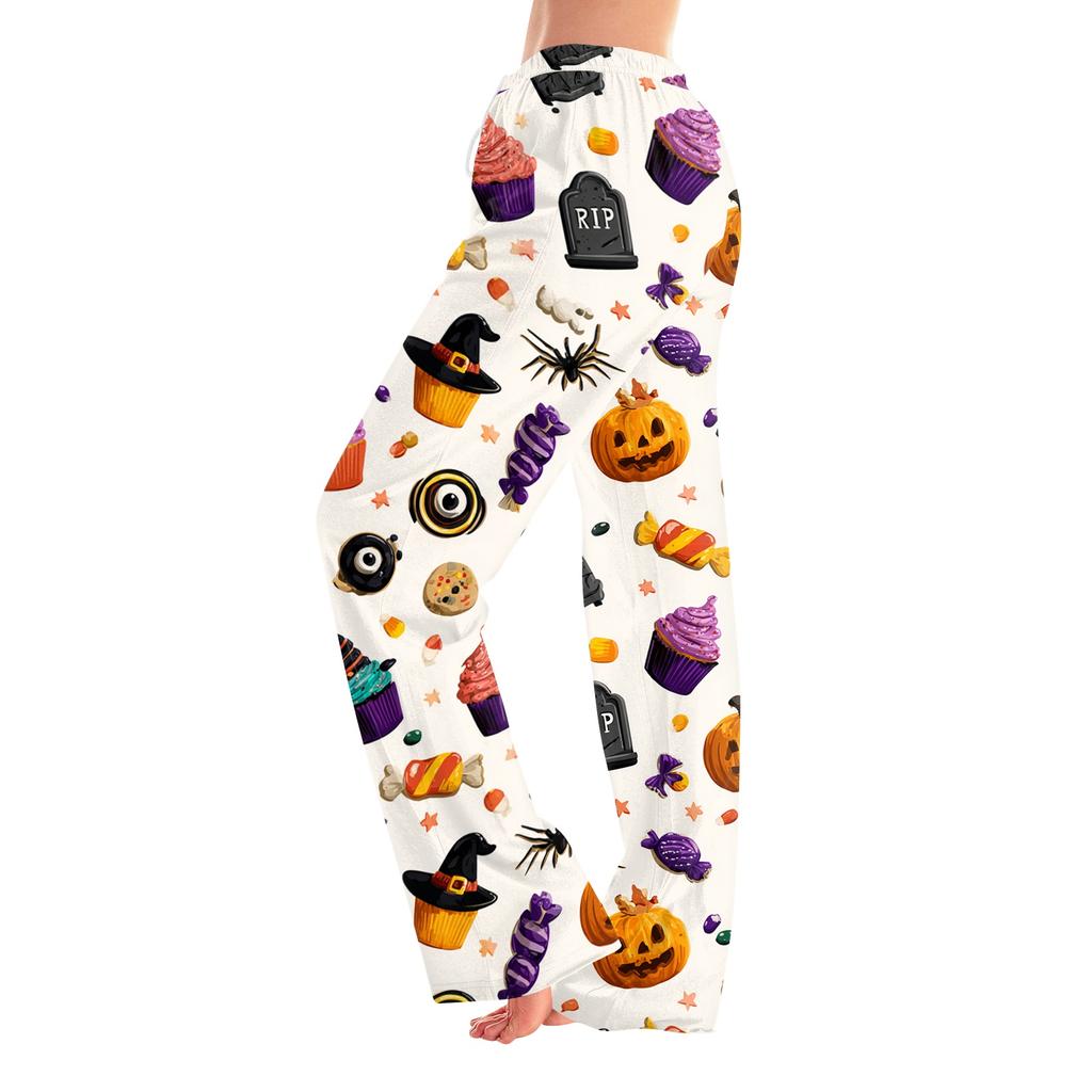 Women's Halloween Print Elastic Waist Drawstring Pajama Pants for Casual and Sleepwear