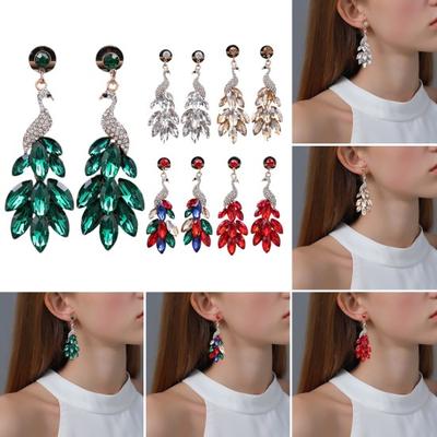 Drop Earrings Vintage Rhinestone Peacock Finish Luxury Elegant Green Faux Crystal Feather