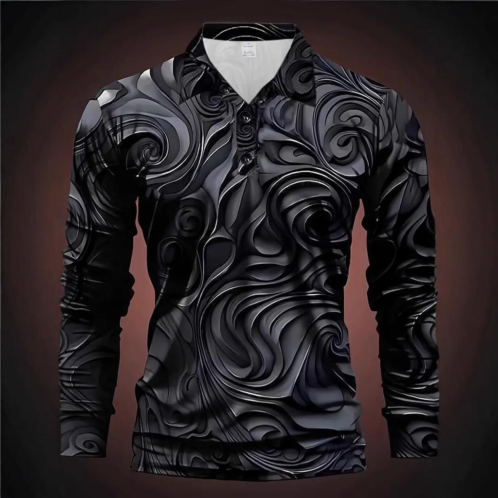 Music Piano Print Long Sleeve Polo, Trendy Casual Men's Top