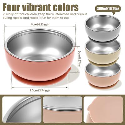 4 Adet 304 Paslanmaz Çelik Vantuzlu Bebek Kasesi Kaymaz Çocuk Yemek Kasesi Çıkarılabilir Silikon Kılıflı Çocuklar Yeni Yürümeye Başlayanlar Beslenme İçin