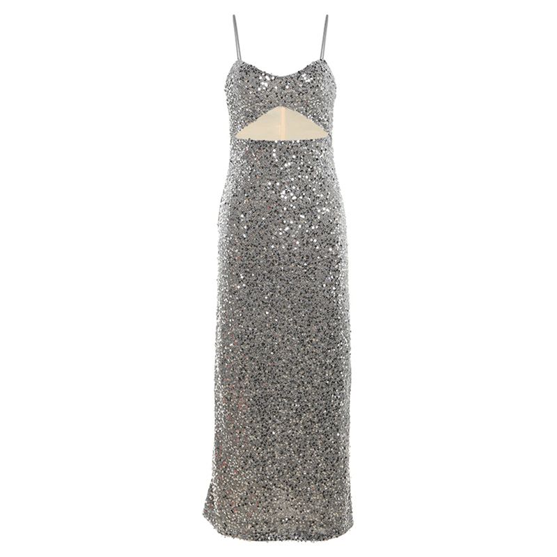 

# Sisjuly# Silent Starry Silver Blingbling Shiny Scheming Hollow Sexy Sling Dress Female Silver S
