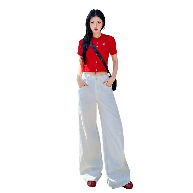Versatile Retro High-Waisted Patchwork Wide-Leg Jeans for Women - Three Color Options, Loose Casual Straight Floor-Length Design.