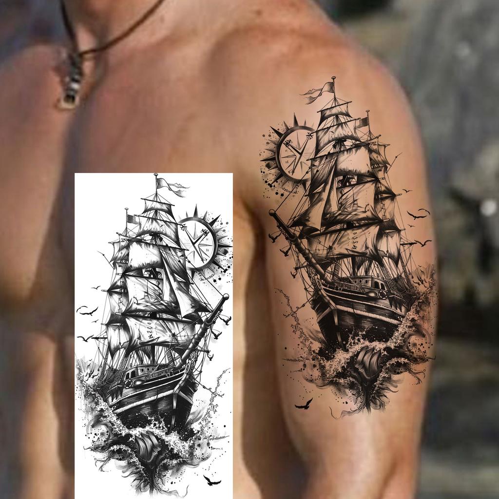 1 Foglio Impermeabile Nave Pirata Vela Tatuaggi Temporanei Per Uomo Donna Bussola Realistica Orologio Tatuaggio Finto Adesivo Lunga Durata