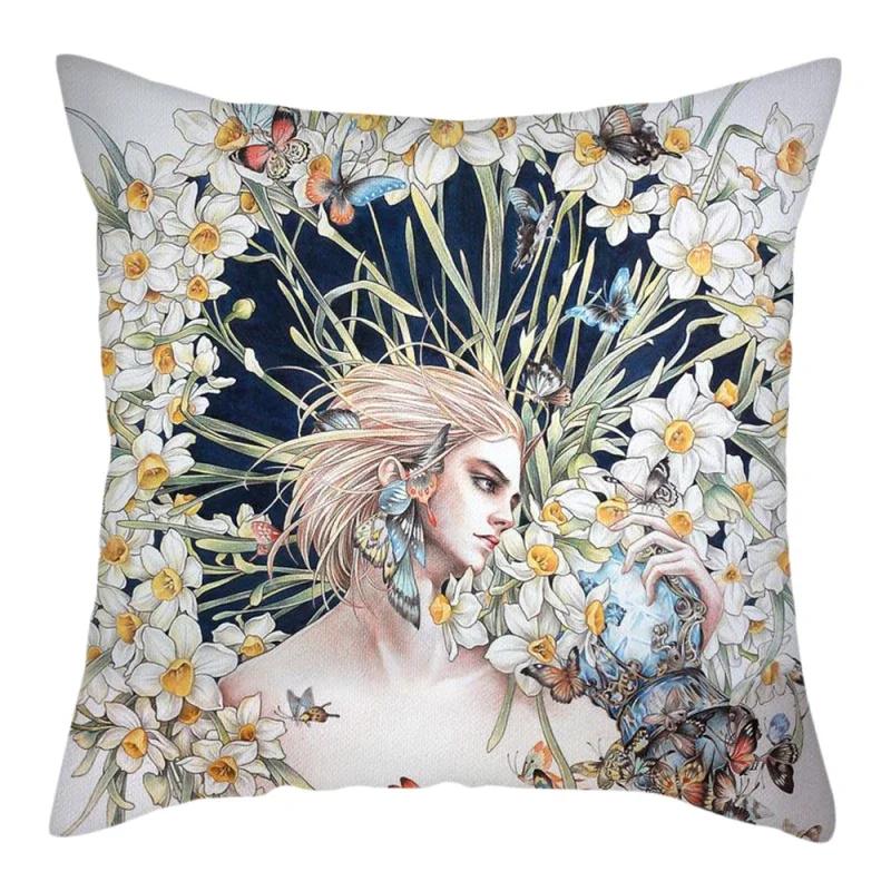 Abstract Flower Girl Painting Picture Cushion Cover Polyester Pillows Cover For Home Sofa Decorative Throw Pillowcase 45X45Cm