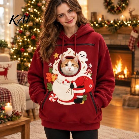 Cozy Fleece Pet Pocket Unisex Pouch Christmas Hoodie, Cute Dog Cat Carrier Hooded Sweatshirt with Small Holder Top Graphic, Lined Animal Pullover