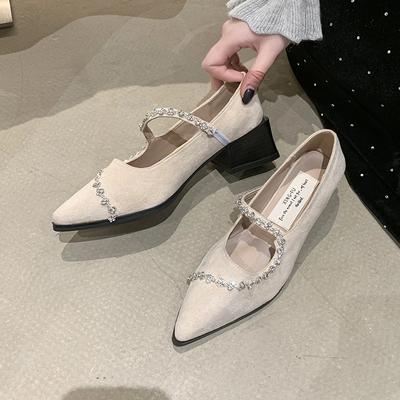 New Womens Single Shoes with Low Heel Pointed Toe Straight Buckle Strap Rhinestone Chain Spring Outdoor PU Low Top Shoes