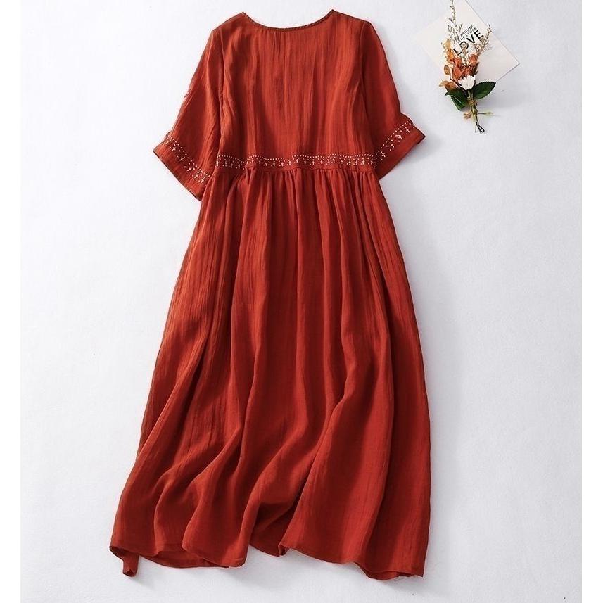 Retro Baumwolle Leinen Kleid Damen Sommer Locker Atmungsaktiv Stickerei Kleider für Damen Rundhals Freizeitkleid