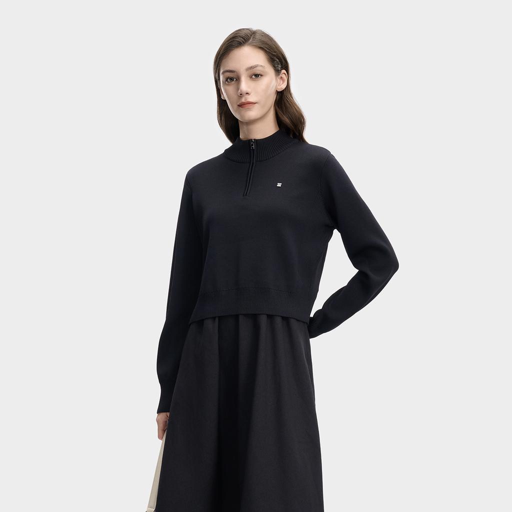 FILA White Fashion Simple Classic Casual Versatile Comfortable Loose Half-Zip Elegant Long Sleeve Dress Women dresses Legendary-Blue F11W613302FNV