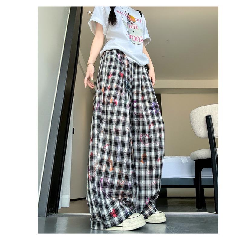 Graffiti Plaid Wide-leg Pants for Women In Summer New Printed Loose Casual Pants Drape High Waist Straight Pants