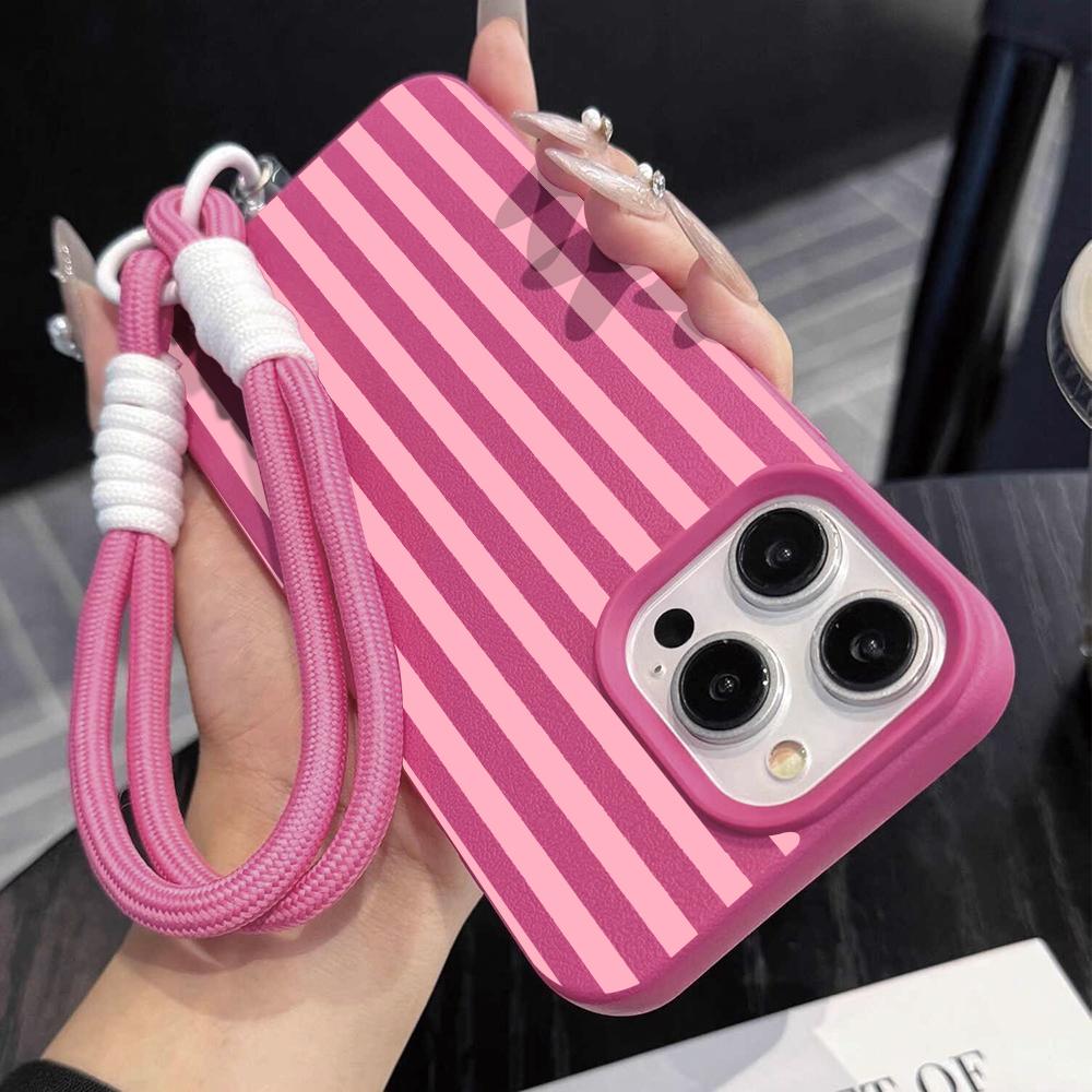Striped Couple INS Hand Wrist Strap Case For iPhone 13 11 12 Pro Max Cases iPhone 15 17 14 16 Plus Minimalist With Lanyard Cover