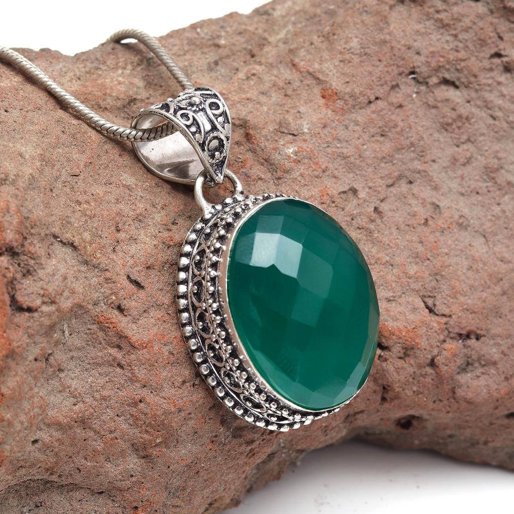 Green Onyx Gemstone Mother's Day Handmade Silver Jewelry Pendant  1.75"