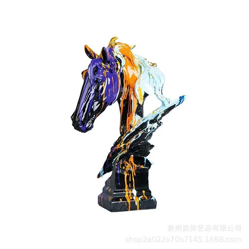 Nordic Creative Art Splashing Colorful Big Horse Head Decorative Gifts Light Luxury Living Room TV Cabinet Porch Home Decoration