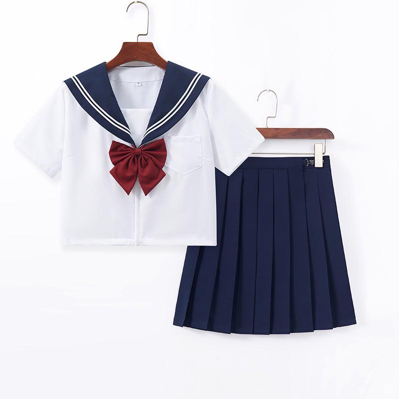 Navy Sailor Collar JK School Uniform - White, Two-Line Suit & Pleated Skirt