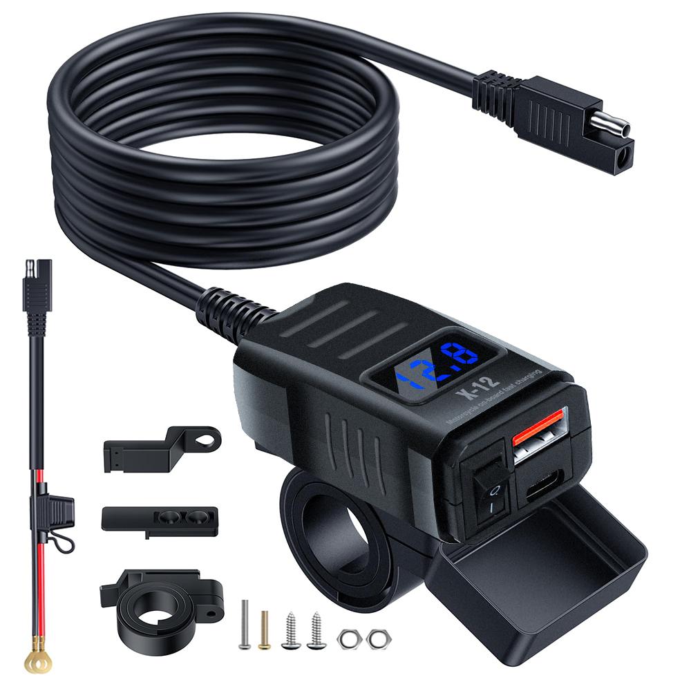Motorbike Motorcycle Charger Socket Waterproof Power Adapter with Switch Voltmeter Voltage Display PD QC3.0 Fast Charger