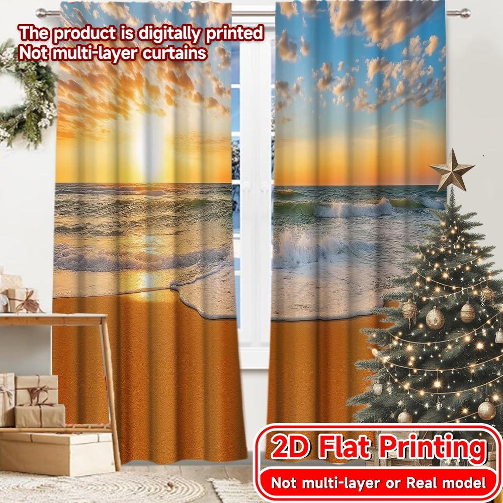 

2pcs 2D FLAT PRINTING Curtains (Without Rod) Golden Horizon Christmas Festival Creative Curtains Polyester Easy Install 100*130 Grommet Top 1pcs