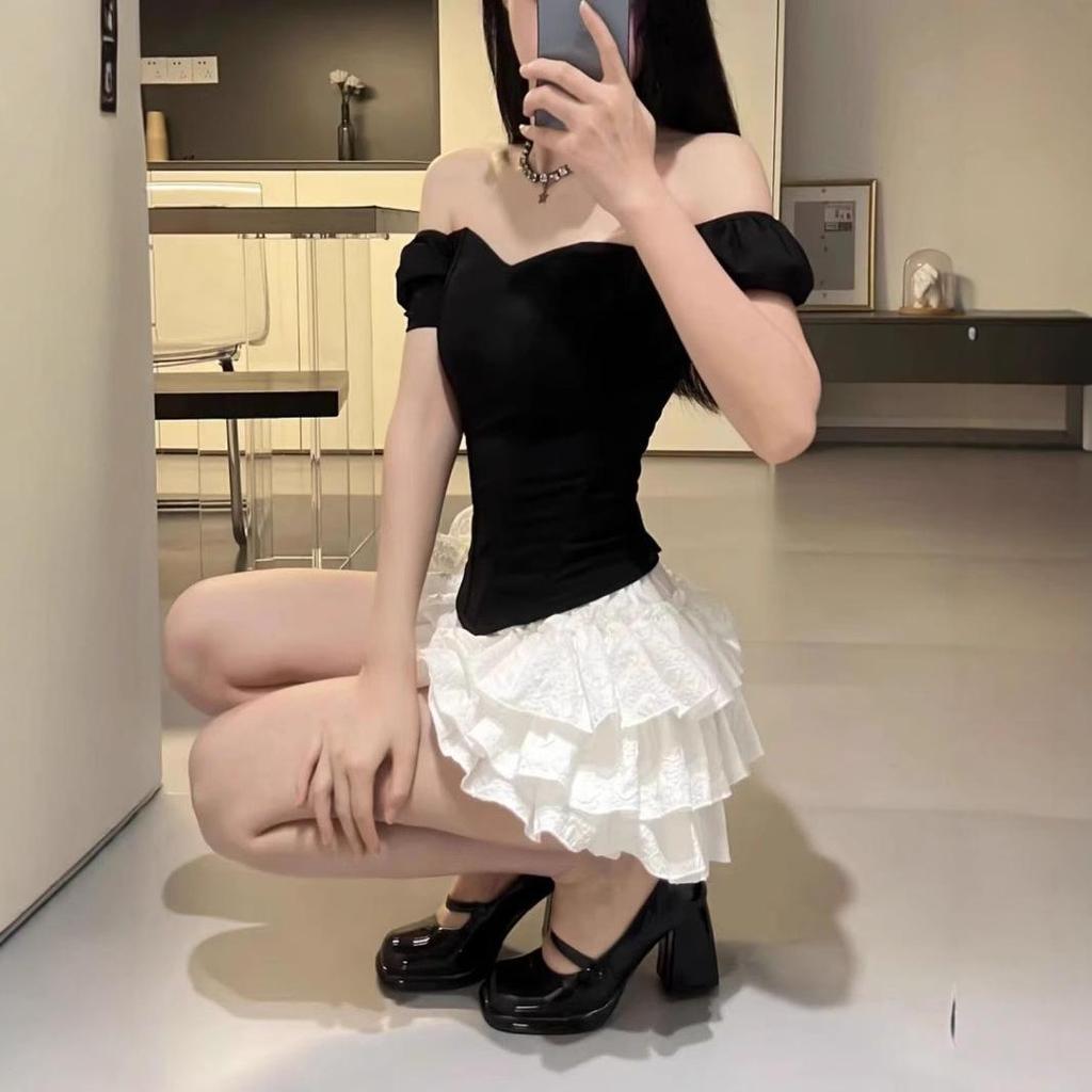 Chic French Short Sleeve Off-Shoulder Corset Slimming Top