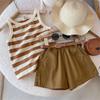 Bear Leader Girls Fashionable and Casual Set Summer Thin Children's Stripe Suspender Tank Top Shorts Two Piece Set Clothes