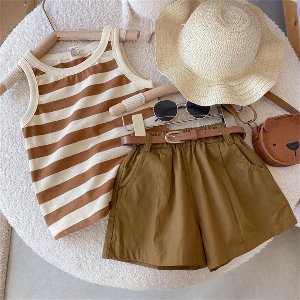 Bear Leader Girls Fashionable and Casual Set Summer Thin Children's Stripe Suspender Tank Top Shorts Two Piece Set Clothes