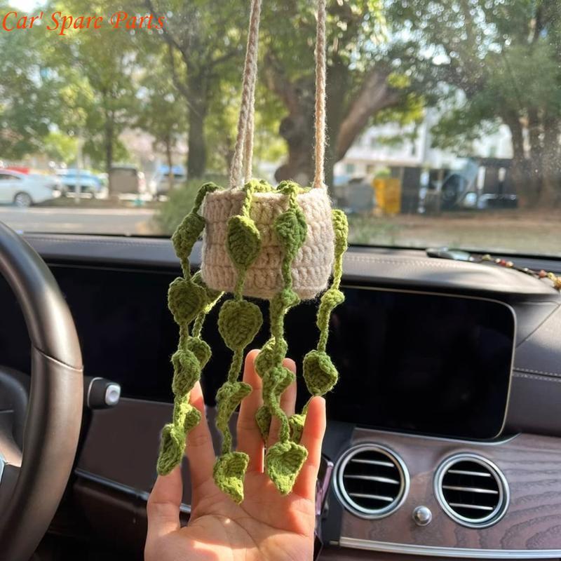 Y4UA Car Hanging-Handmade Rear View Mirrior Charm Car Decorations Knitted Hanging- Planters for for Car Home-Decoration