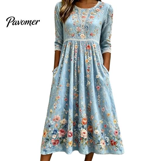 Fashionable Vacation Dresses for Ladies Long Sleeve Floral Dress, Women Cottagecore Waist Cinching Casual Autumn with Sleeves Midi Dress Street Party