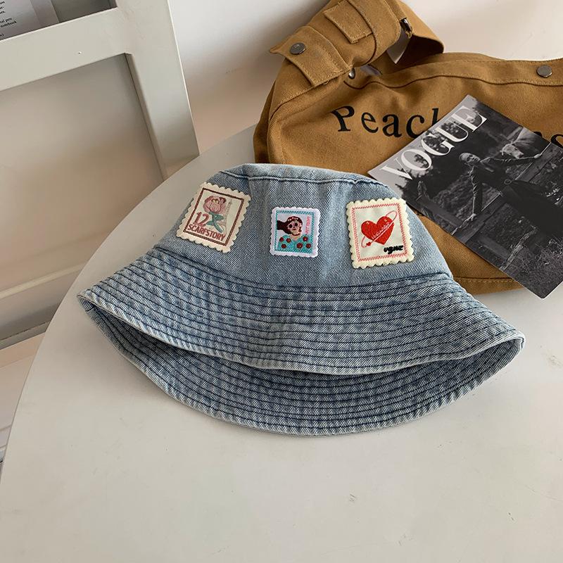Stamp sticker washed denim bucket hat women's summer versatile washbasin hat cute big head circumference hat