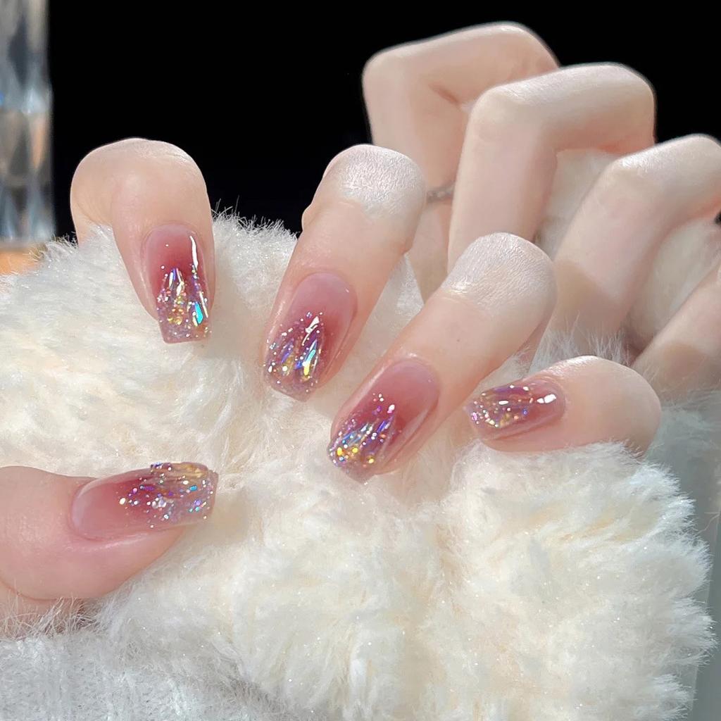 Warm Elf Blush Flash Aurora Flash Diamond Wear Nail Art Finished Product Sticker Advanced Whitening Nail Film Removable Nail Art