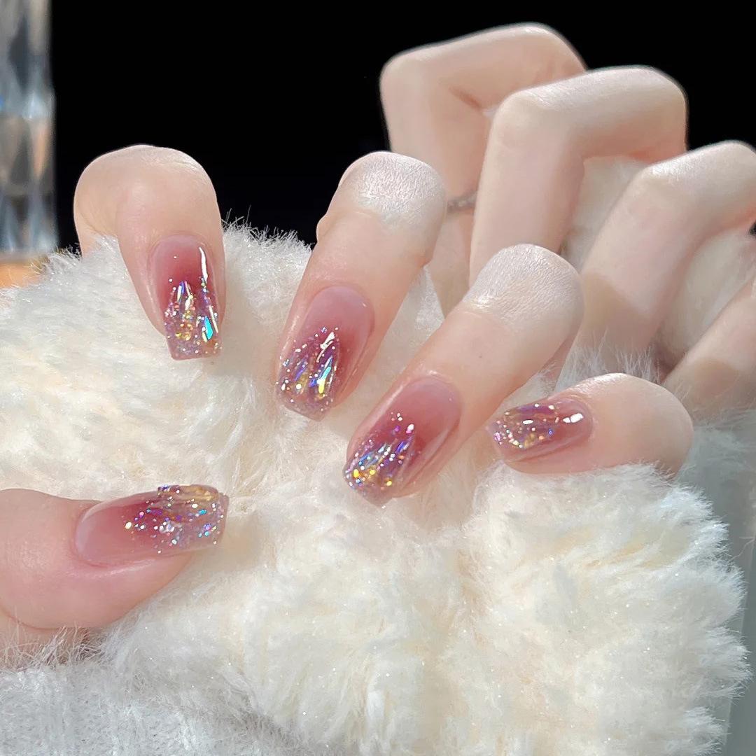 Warm Elf Blush Flash Aurora Flash Diamond Wear Nail Art Finished Product Sticker Advanced Whitening Nail Film Removable Nail Art