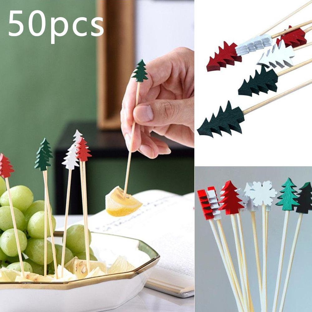 50 Count Bamboo Appetizer Picks Santa Theme Party Toothpicks For Holiday Fruit Salad Dessert Buffet Table Decorations