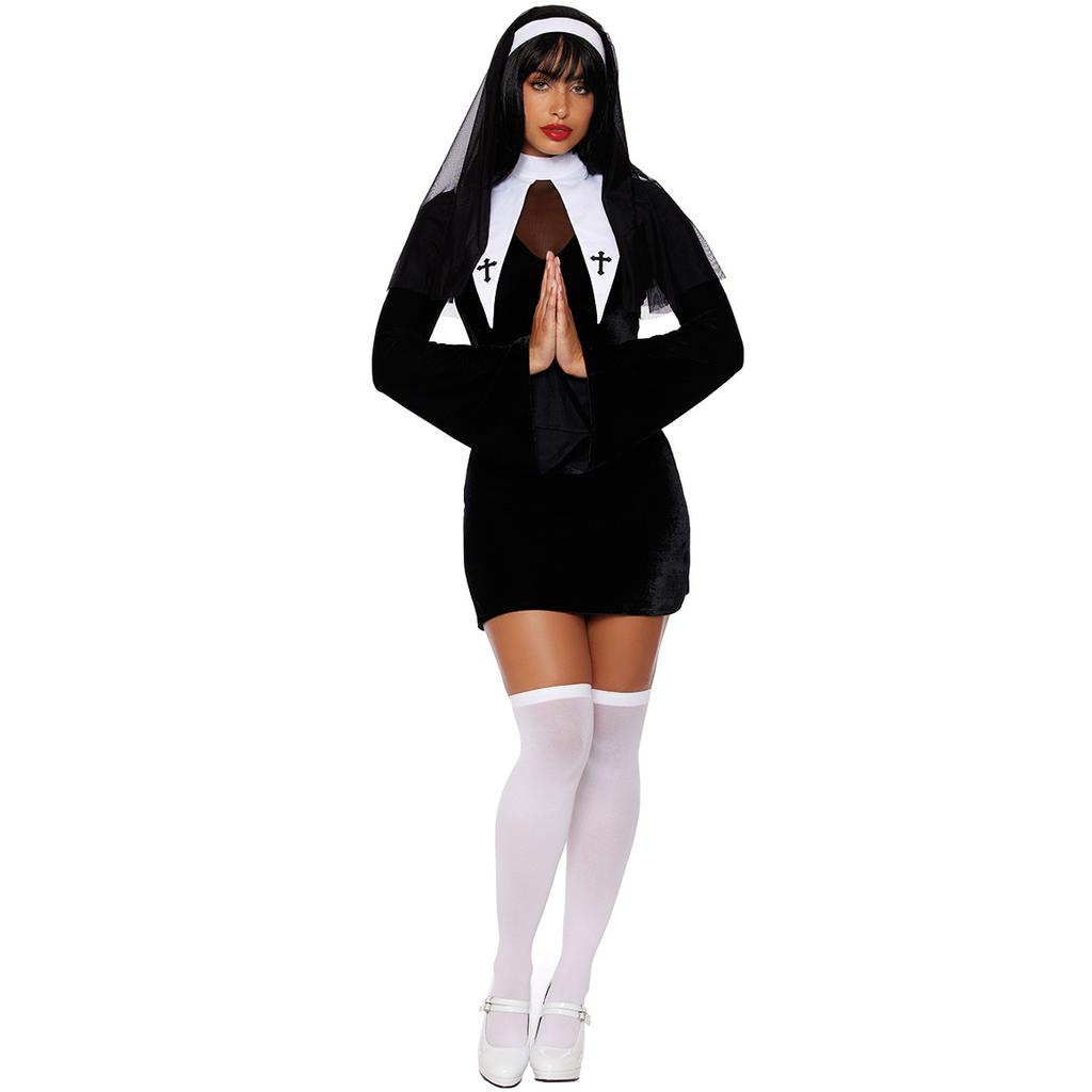 Halloweenský kostým jeptišky Kostým jeptišky cosplay kostým jeptišky s dlouhým rukávem uniforma pro jevištní vystoupení