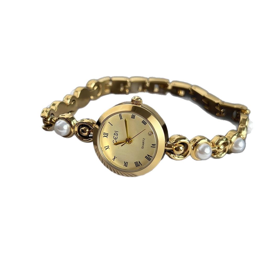 French Retro Pearl Watch Women'S High-End Bracelet Watch Temperament Roman Scale Quartz Watch