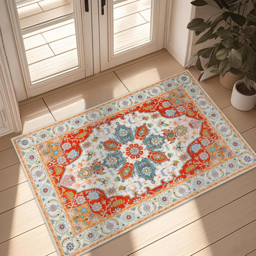 Non-Slip Boho Small Area Rugs for Entryway, Machine Washable Vintage Rug, Indoor Floral Print Carpet for Home Decor