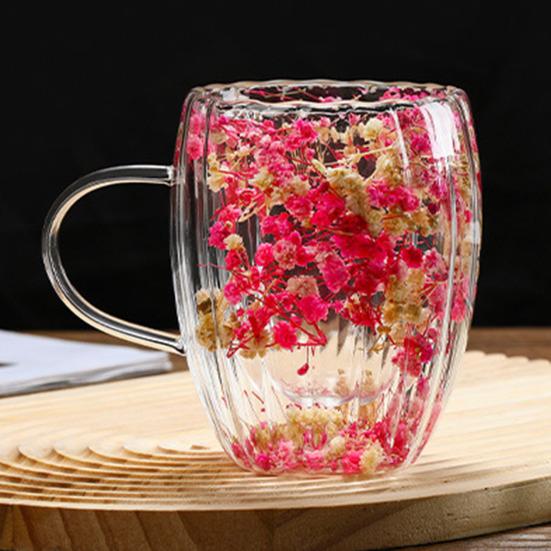 Double-Walled Glass Mug with Dried Flowers 250/350ml Heat Resistant Handle Coffee Cup for Hot Drinks Unique Artistic Glassware