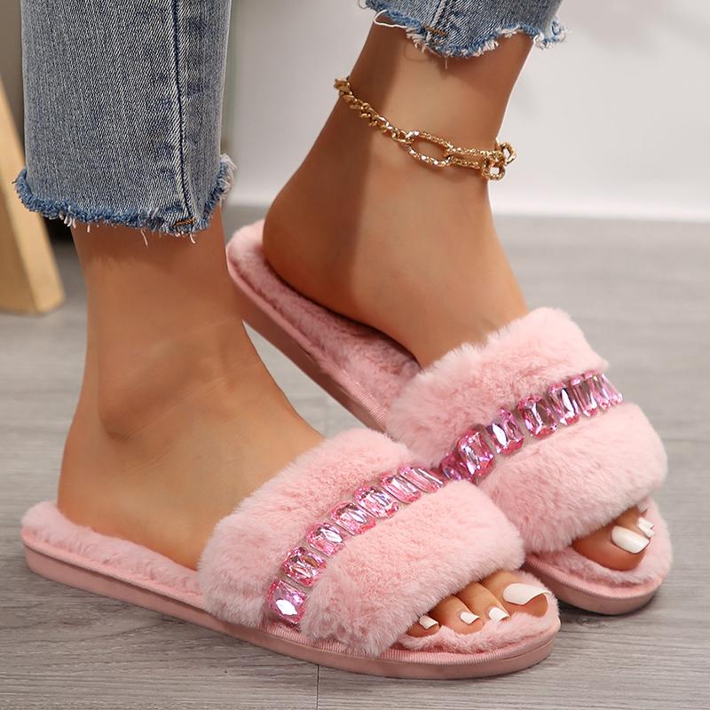 Fashion Fashion Rhinestone Fluffy House Slippers for Women 2025 Winter Warm Faux Fur Flat Slides Woman Open Toe One Strap Plush Slippers
