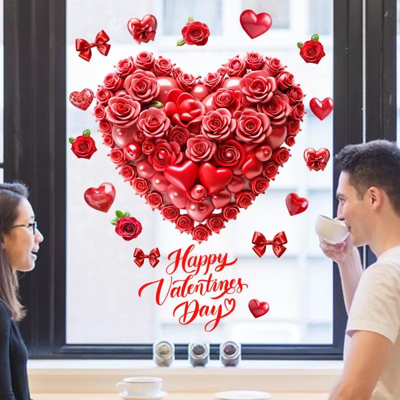1PC Valentine's Day Window Decor Sticker - Red Rose Heart Balloon PVC Static Cling for Home Room