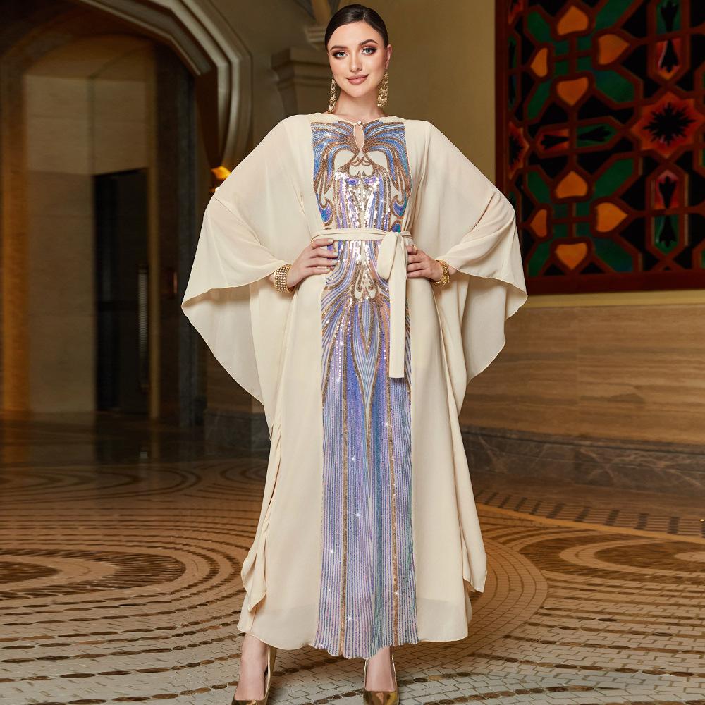 Gold Multi-layer Lotus Leaf Sleeve Positioning Sequin Embroidery Light Luxury Robe Muslim Dress