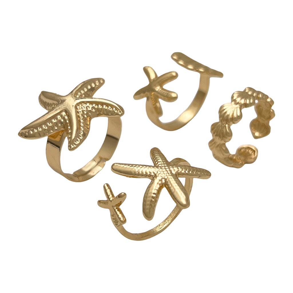 4Piece Coastal Chic Starfish Open Rings Set Adjustable Beach Jewelry for Women Gold & Silver Trendy Summer Accessories